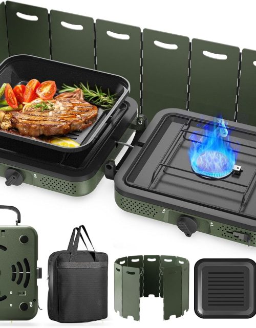 Camping Stove, 2 Burner Propane Stove With Grill,17,000 BTU Camp Stove, Foldable Camping Stove Propane Includes Carry Bag,Windscreen & Grill,Adjustable Burners & Piezo Ignition for Tailgating,BBQ,Camp