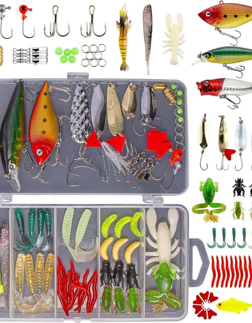 Fishing Lures Kit for Freshwater Bait Tackle Kit for Bass Trout Salmon Fishing Accessories Tackle Box Including Spoon Lures Soft Plastic Worms