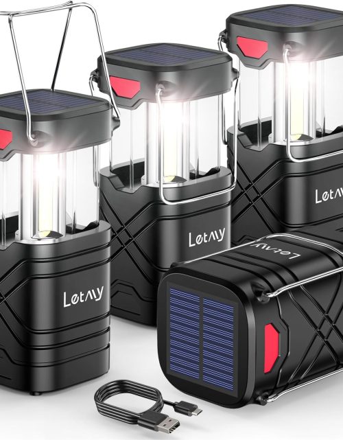 LETMY 4 Pack Camping Lantern, Rechargeable LED Lanterns, Solar Lantern Battery Powered Hurricane Lanterns Flashlight with 3 Powered Ways & USB Cable for Emergency, Power Outage, Hurricane Supplies
