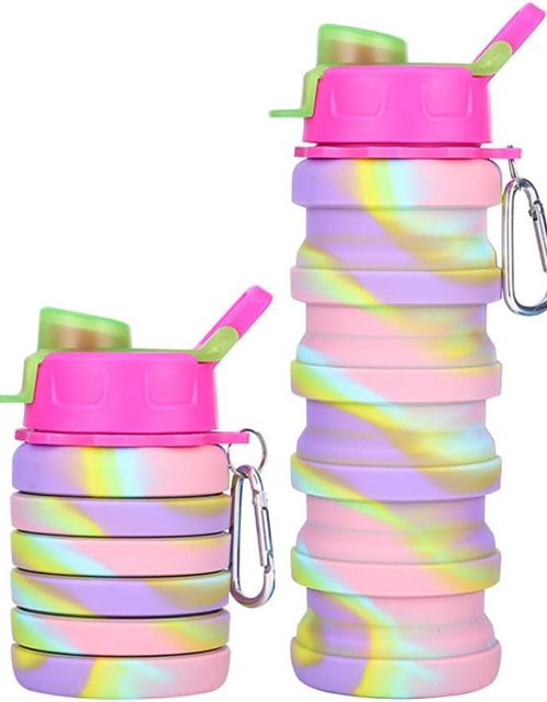 Silicone Collapsible Water Bottles, 16oz 500ml Portable Foldable Expandable Water Bottle Sports Cups, Leak Proof Reusable BPA Free, for Outdoor Activities Travel(2# Pink)